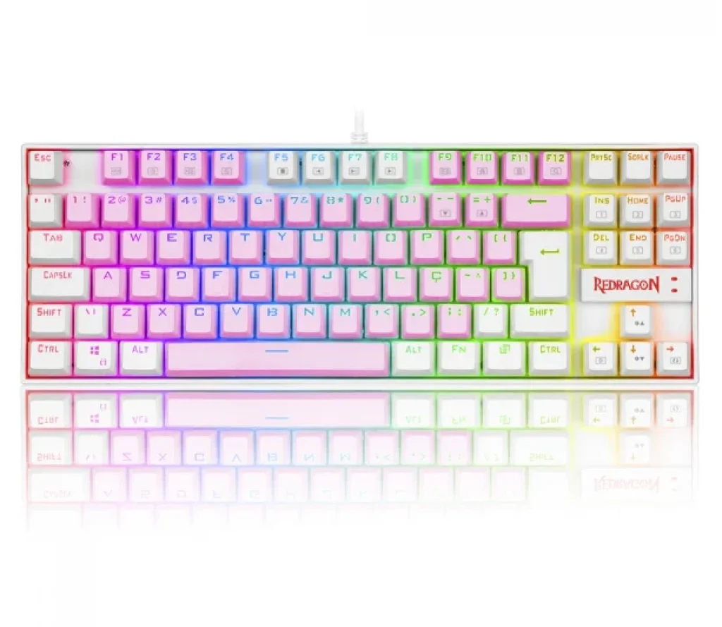 Teclado Mecânico Gamer Redragon Kumara – Switch Blue, RGB, Anti-Ghosting, ABNT2, Branco e Rosa – K552PW-RGB (PT-BLUE)