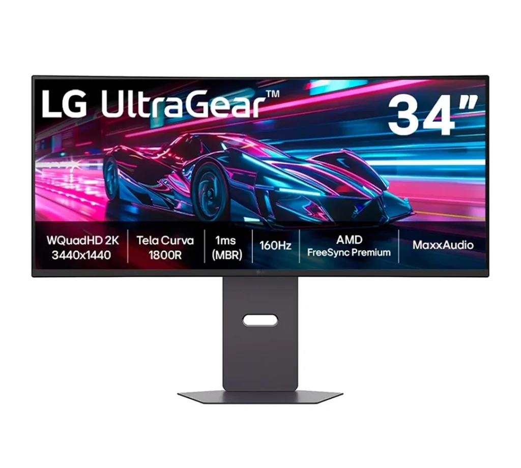 Monitor Gamer Curvo LG UltraGear 34, QHD, UltraWide, 160Hz, 1ms, Anti-reflexo, FreeSync Premium, HDR10, Altura Ajustável, Som Integrado – 34G600A-B