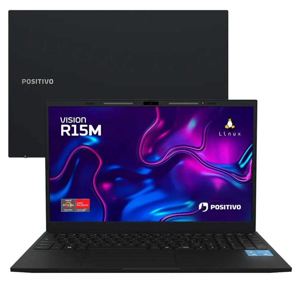 Notebook Positivo Vision R15M AMD Ryzen 7-5825U Linux 16GB RAM 512GB SSD Wi-Fi 6 Tela 15” Full HD IPS Antirreflexo, Com Minitela, Lumina Bar e Webcam Cover – Preto – 6252M-PUB