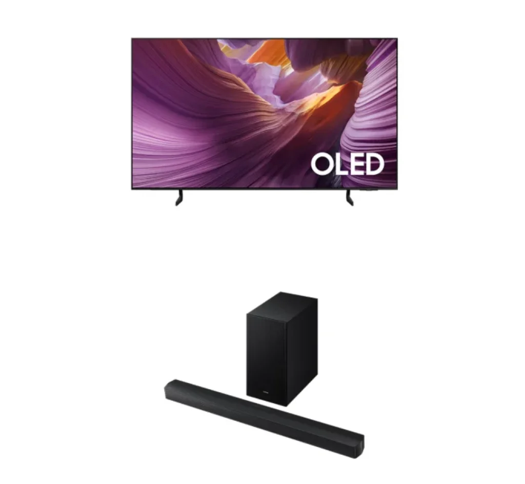Combo Samsung Vision AI TV 65″ OLED 4K S85F 2025, Painel 120Hz, Processador com AI, 7 Anos de Atualização – 65S85F + Soundbar 3.1 Ch (370W RMS) Subwoofer sem fio – HW-B650F