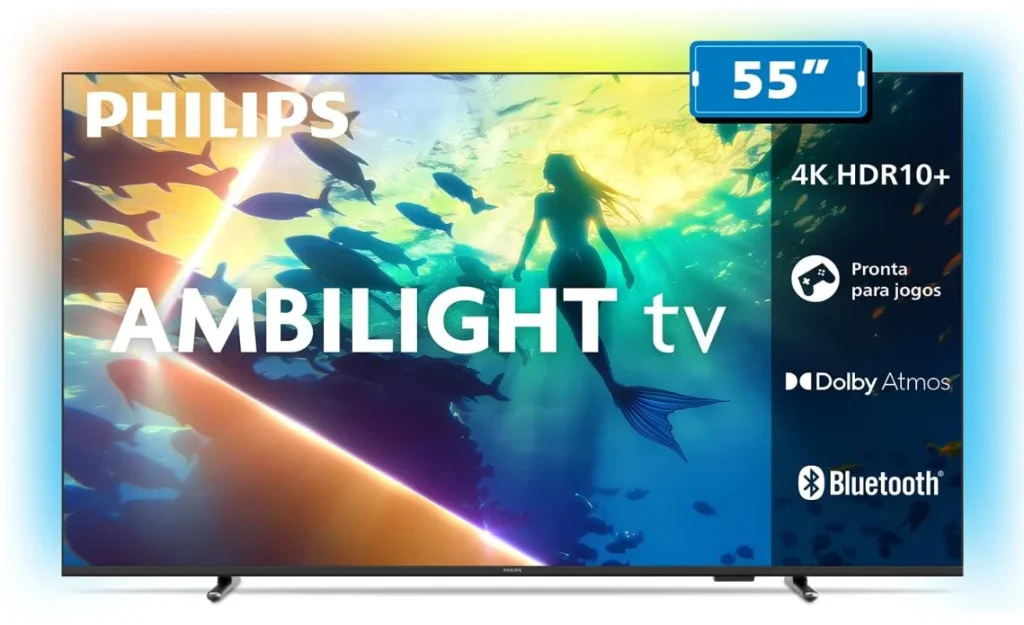 Smart TV PHILIPS 55″ 4K Ambilight (2025) – HDR10+/Dolby Atmos, Google TV, Comando de Voz, VRR/ALLM, Wi-Fi, Bluetooth – 55PUG8100/78