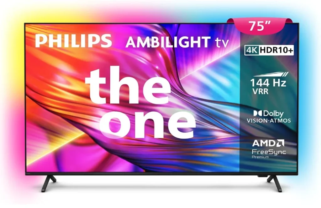 Smart TV PHILIPS THE ONE 75″ 4K Ambilight 144Hz, P5, DTS Play-Fi, FreeSync Premium, Dolby Vision e Atmos, 50W RMS 2.1, Titan OS, Alexa – 75PUG8929/78