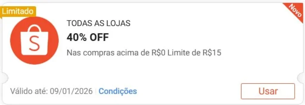 Cupom Digitável Shopee 40% OFF Sem mínimo, Limitado a R$15