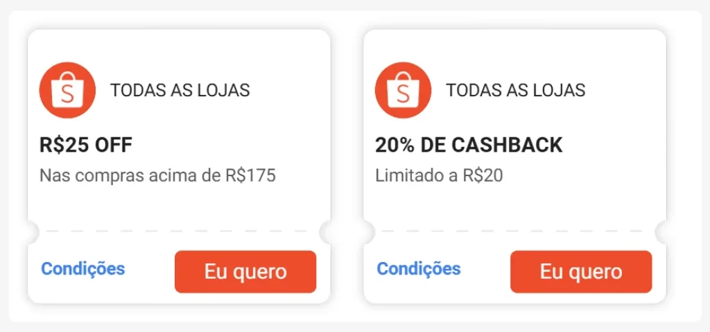 Cupons Shopee R$25 OFF em R$175, 20% de Cashback Limitado a R$20 e mais