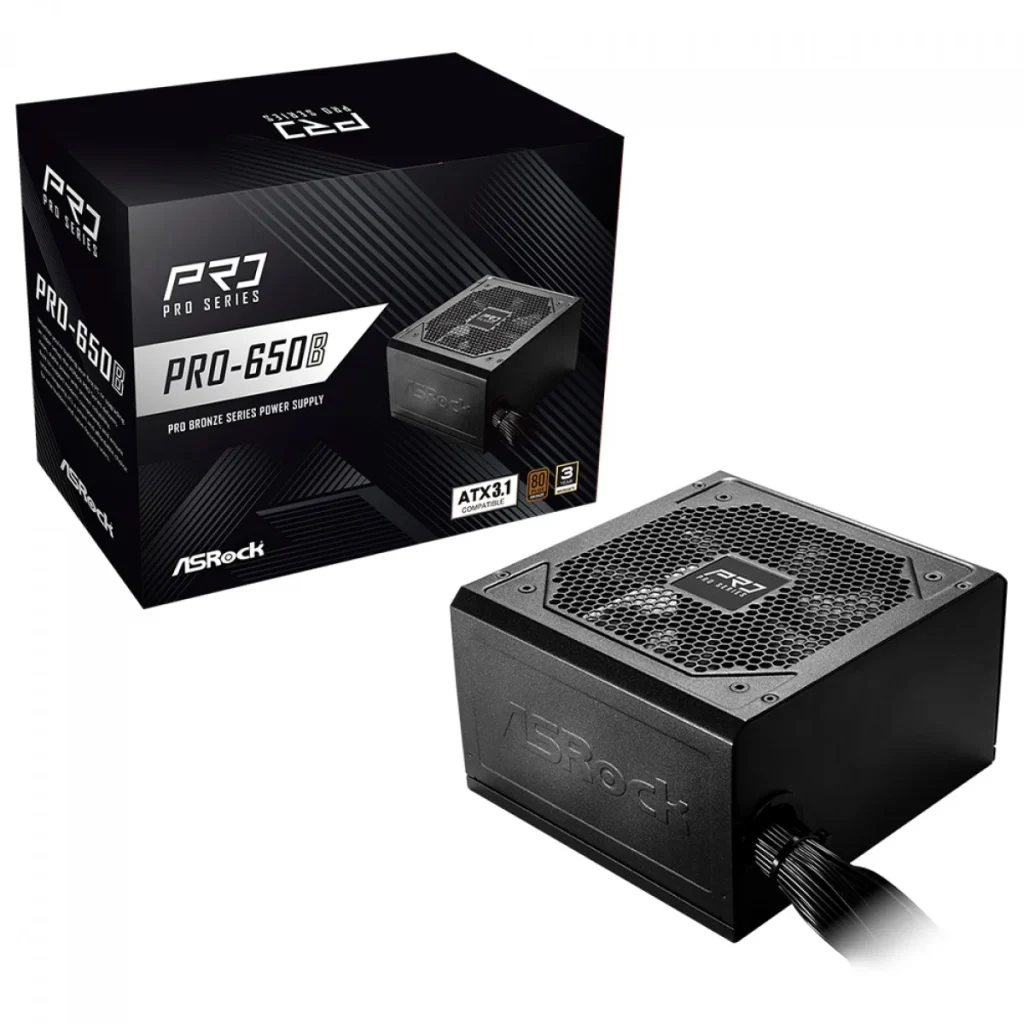 Fonte ASRock Pro, 650W, 80 Plus Bronze, ATX 3.1, PFC Ativo, Preto – PRO-650B