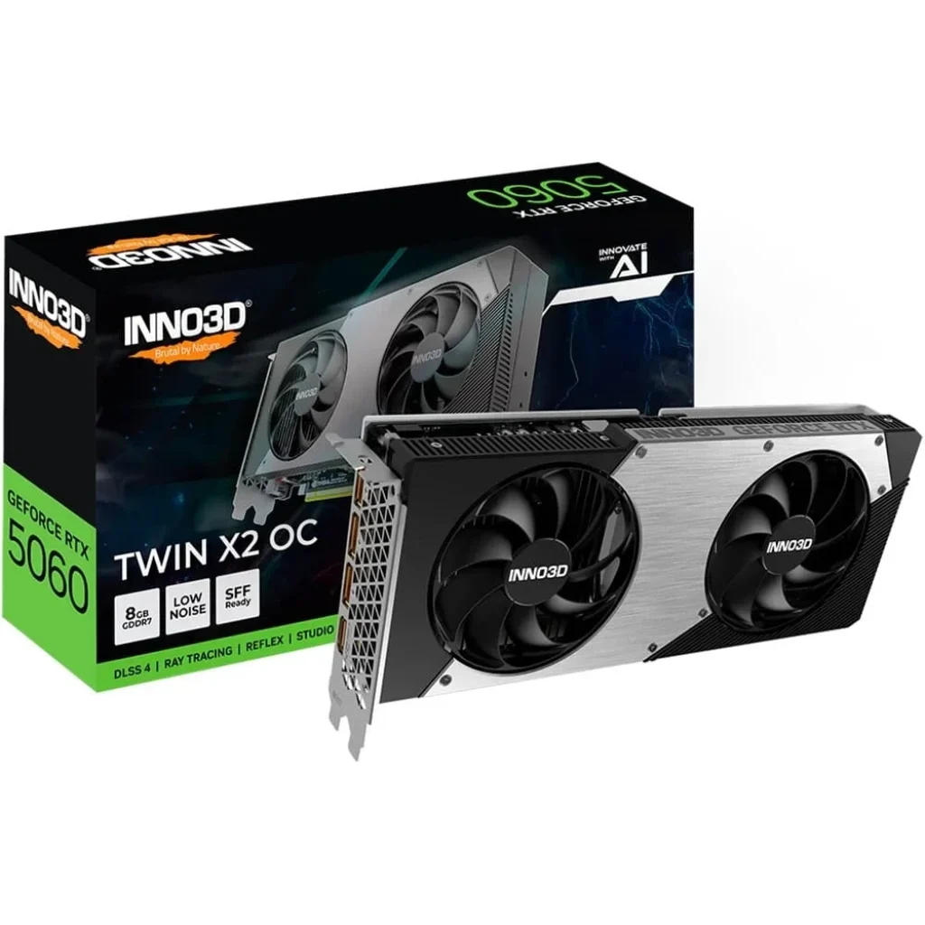 Placa de Video Inno3D RTX 5060 Twin X2 NVIDIA Geforce, 8GB, 2527MHz, 128bits, FP4 e DLSS 4, Ray Tracing – N50602-08D7X-195070N