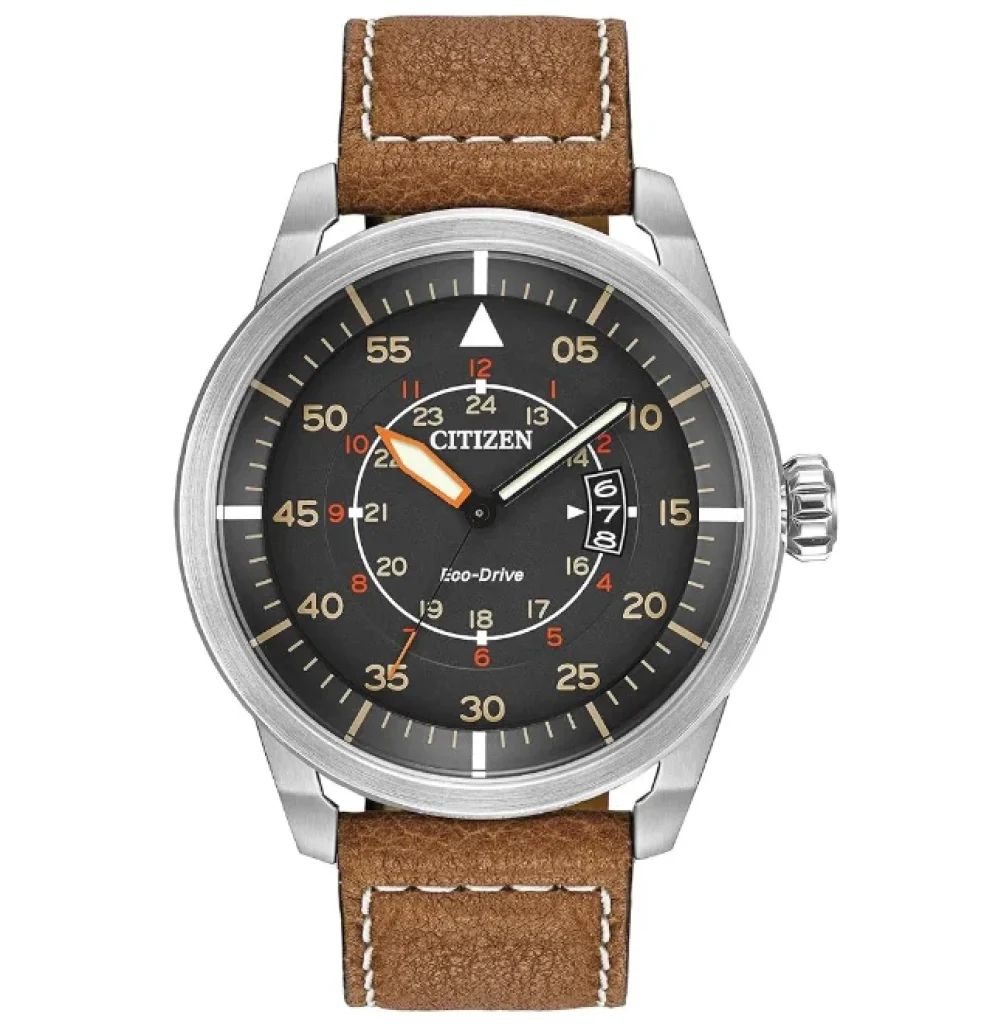 Relógio Masculino Citizen Eco-Drive Weekender Avion AW1361-10H, Aço inoxidável com pulseira de couro marrom, 45 mm