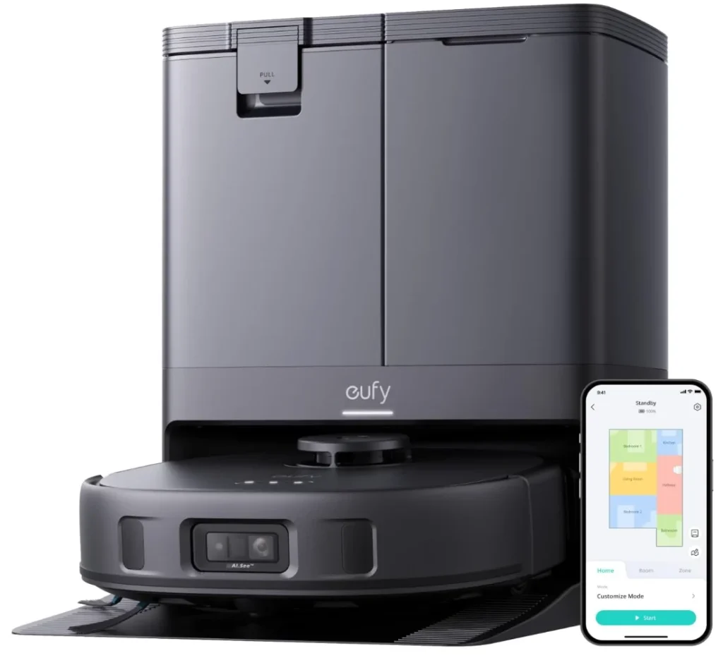 Robô aspirador Anker eufy X10 Pro Omni – Estação tudo em um, Aspiração forte, Evita obstáculos com IA, Lava e seca sozinho, Esvazia e repõe água automaticamente, Escovas antiembaraço, Perfeito para casas com pets, 220V