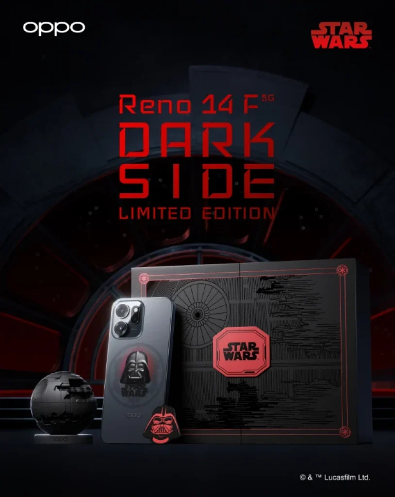 Smartphone Oppo Reno14 F Dark Side Limited Edition – 5G 12GB RAM 256GB, 6,57″ AMOLED FHD+, Snapdragon® 6 Gen 1, 50MP IA, Selfie 32MP, SuperVOOC 45W 6000mAh IP69 – CPH2743