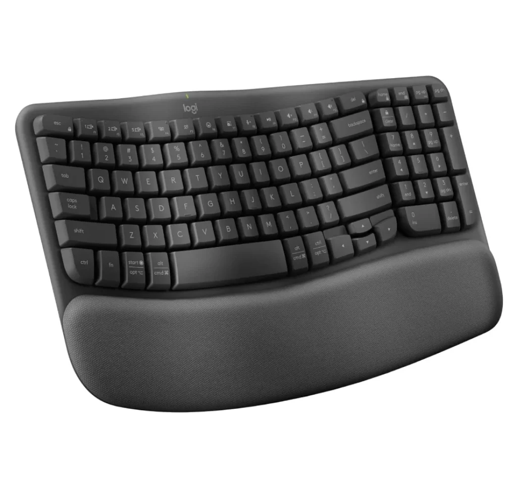 Teclado Ergonômico sem fio Logitech Wave Keys com Design Ondulado, Suporte para Descanso de Pulso Acolchoado, Bluetooth ou Receptor USB Logi Bolt, Compatível com Windows/Mac e Layout US, Grafite – 920-012281