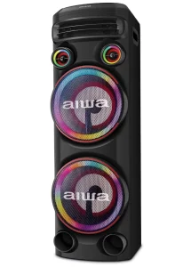 Torre de Som AIWA T2W-02 2300W 2 Woofers 10″ com Boost Bluetooth RGB USB FM DJ Aux 2 Mic Instrumento