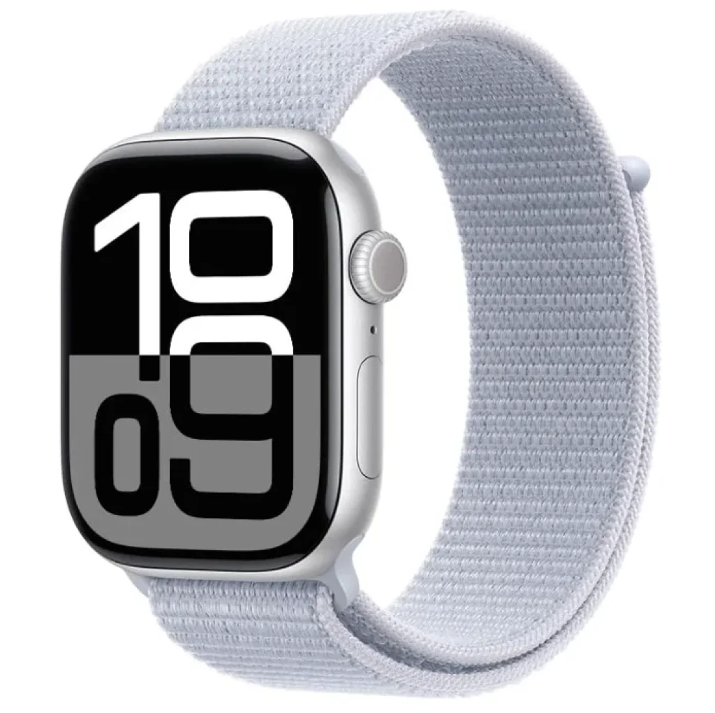 Apple Watch Series 10 GPS • Caixa prateada de alumínio – 46 mm • Pulseira loop esportiva nuvem azul