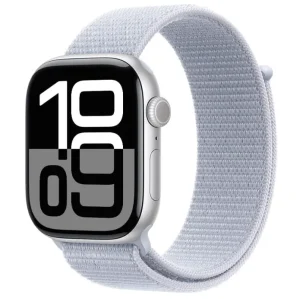 Apple Watch Series 10 GPS • Caixa prateada de alumínio – 46 mm • Pulseira loop esportiva nuvem azul