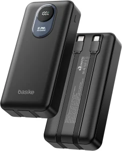 Basike Power Bank 20000mAh, Carregador Portátil com Carregamento Rápido, USB-C (máx. 20W, PD) + USB-A (máx. 22,5W QC), Inclui 2 Cabos Embutidos (USB-C e Lightning), Proteção Múltipla