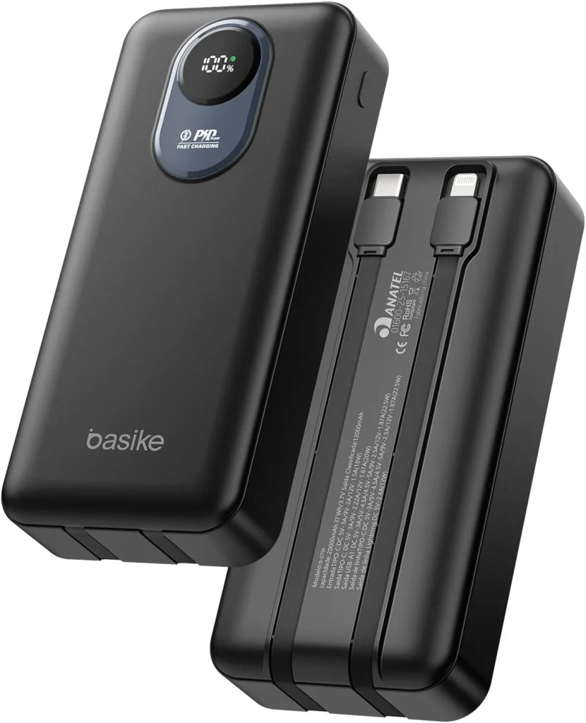 Basike Power Bank 20000mAh, Carregador Portátil com Carregamento Rápido, USB-C (máx. 20W, PD) + USB-A (máx. 22,5W QC), Inclui 2 Cabos Embutidos (USB-C e Lightning), Proteção Múltipla