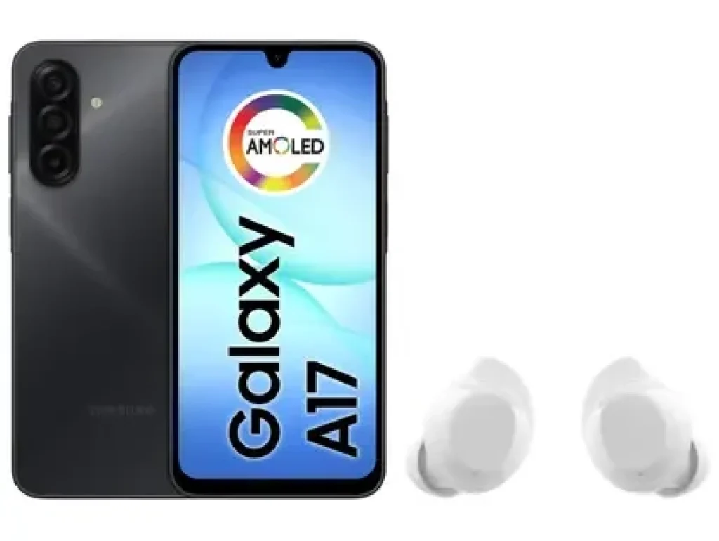 Combo Celular Samsung Galaxy A17 NFC 4G LTE – 128GB, 4GB RAM (+4GB Boost), 6.7\” Super AMOLED 90Hz, 50MP, 5000mAh + Fone de Ouvido Bluetooth Buds Core Branco