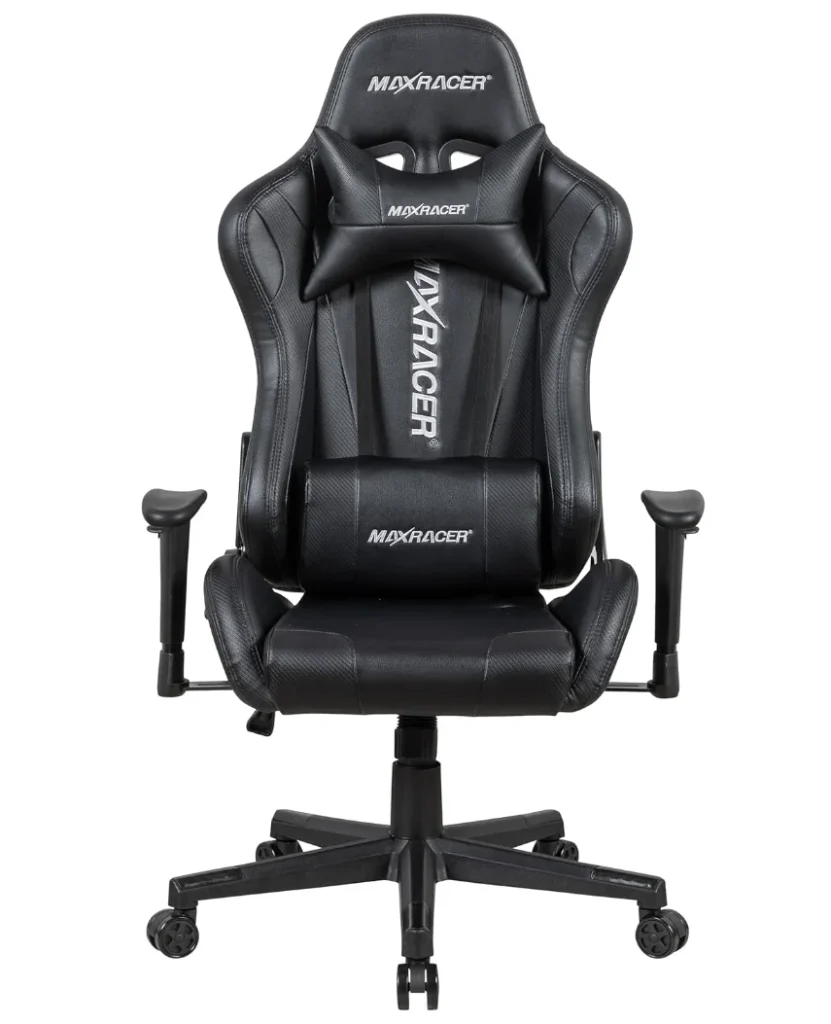 Cadeira Gamer MAX RACER Skilled, Giratória, Até 150kg, de Aço, Braços 1D, Tecido Sintético PVC, Inclinação 180°, Almofada Cervical e Lombar-Preta