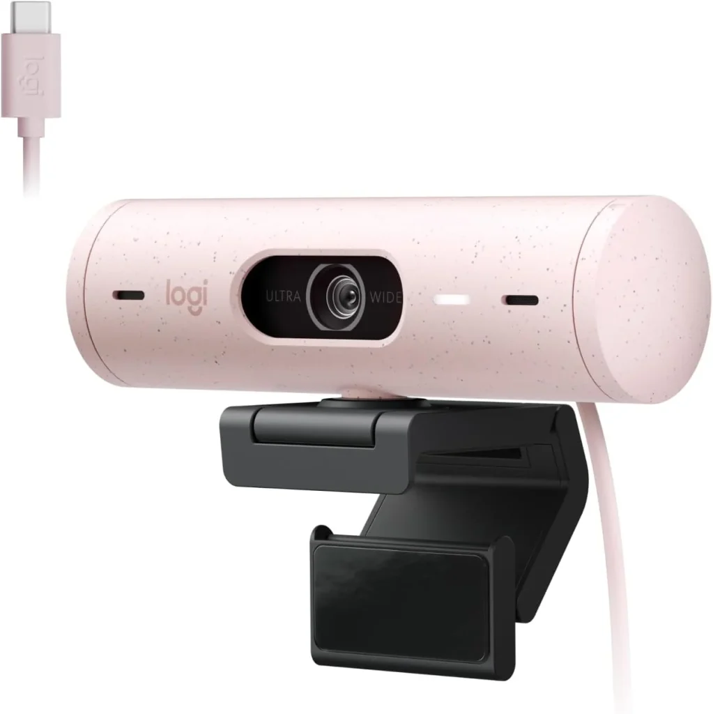 Webcam Full HD Logitech Brio 500 com Microfones Duplos com Redução de Ruídos, Proteção de Privacidade, Correção de Luz e Enquadramento Automático – Rosa