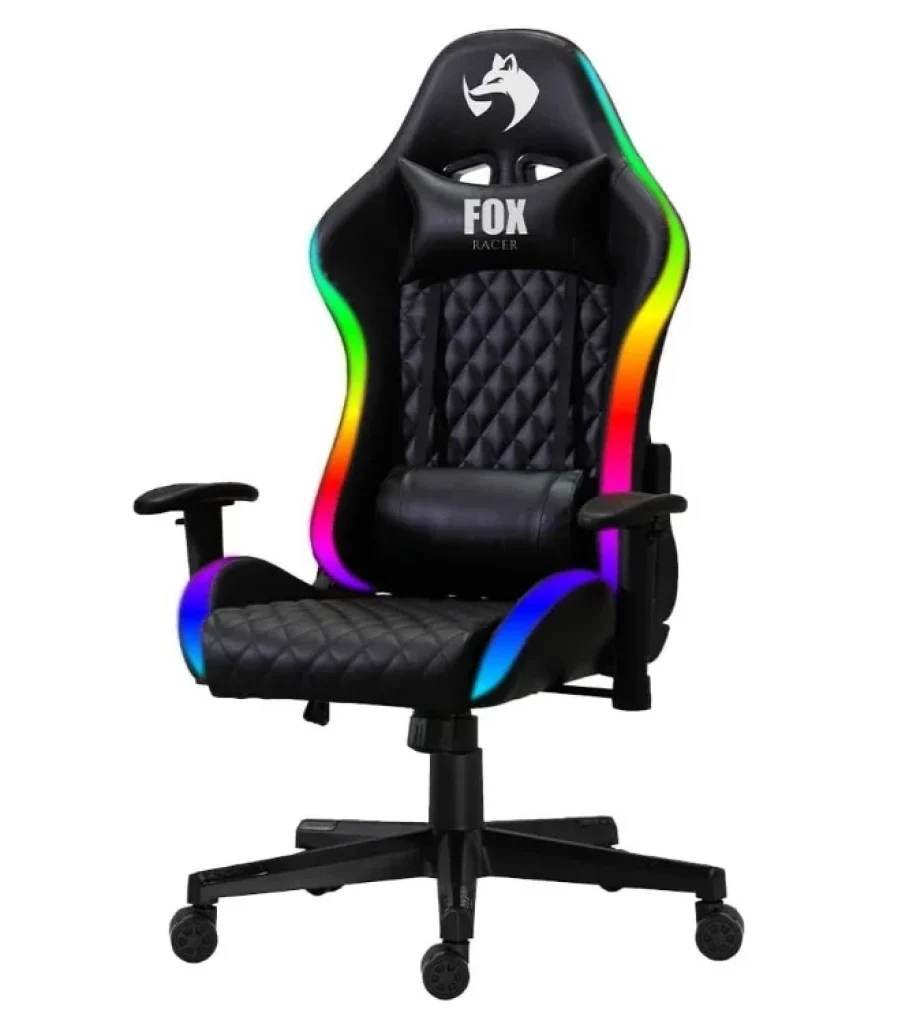 Cadeira Gamer Fox Racer até 130kgs com RGB e Iluminação LED com almofadas Reclinável Preta