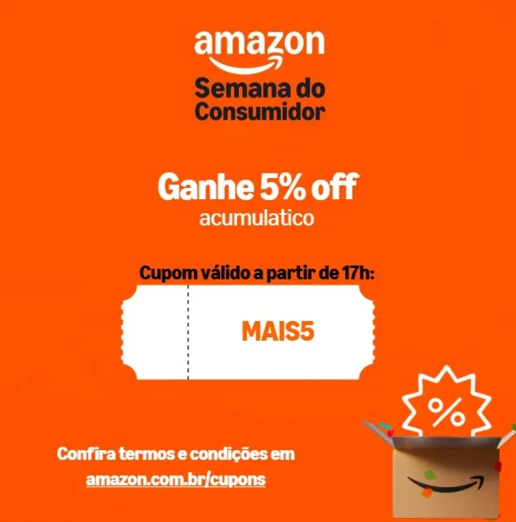 Cupom Amazon Acumulativo 5% OFF a partir de R$250, Limitado a R$50 OFF