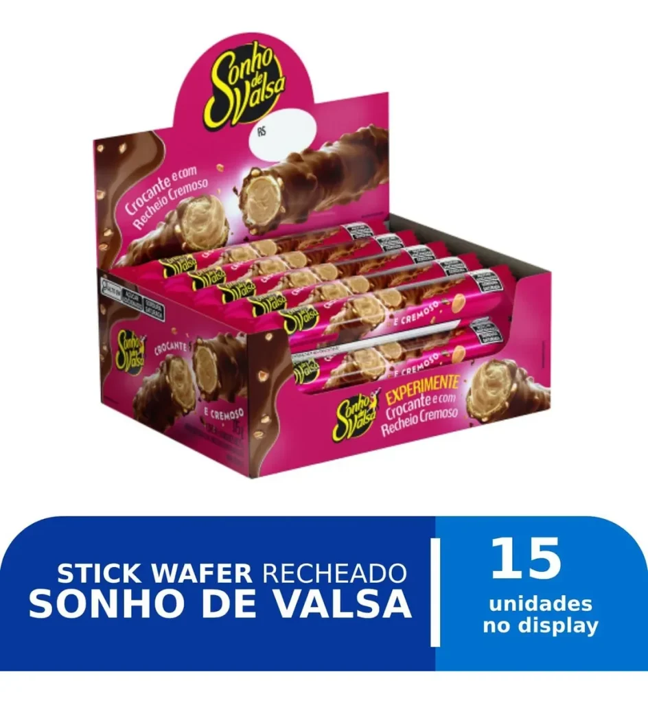 Stick Wafer Recheado Sonho de Valsa Sabor Chocolate – Display com 15 unidades de 25g