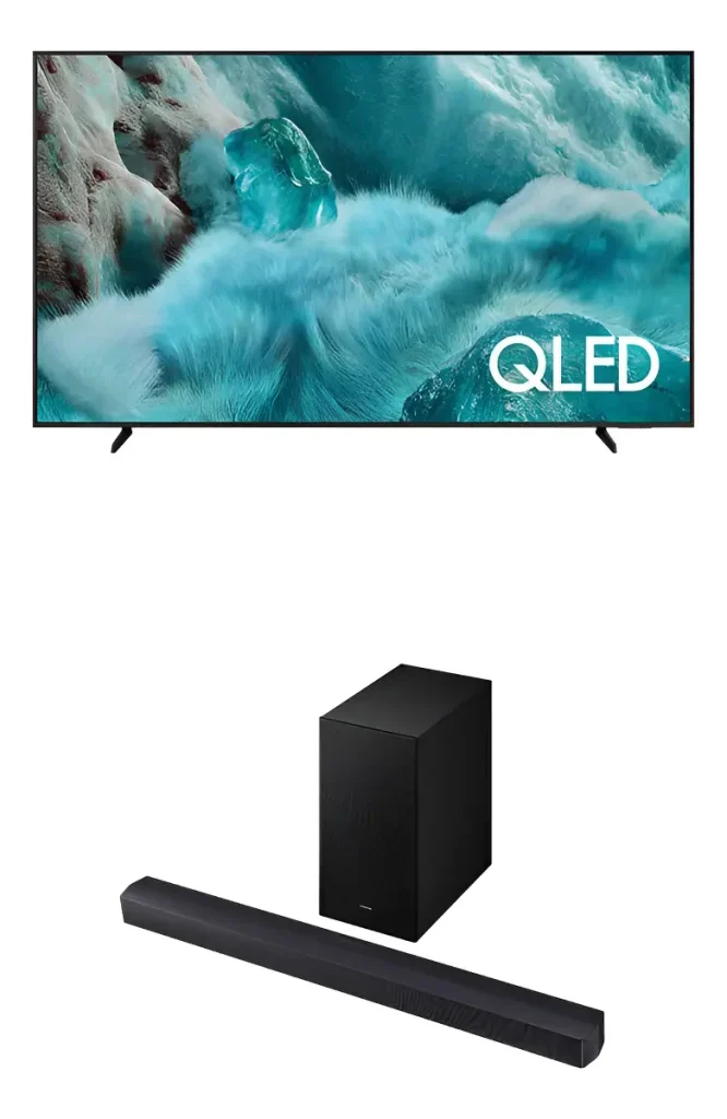 Combo Samsung Vision AI TV 75″ Q7F True QLED 4K, Pontos Quânticos – 75Q7F + Soundbar com 2.1 canais com Subwoofer sem fio, 300W RMS – HW-B450F