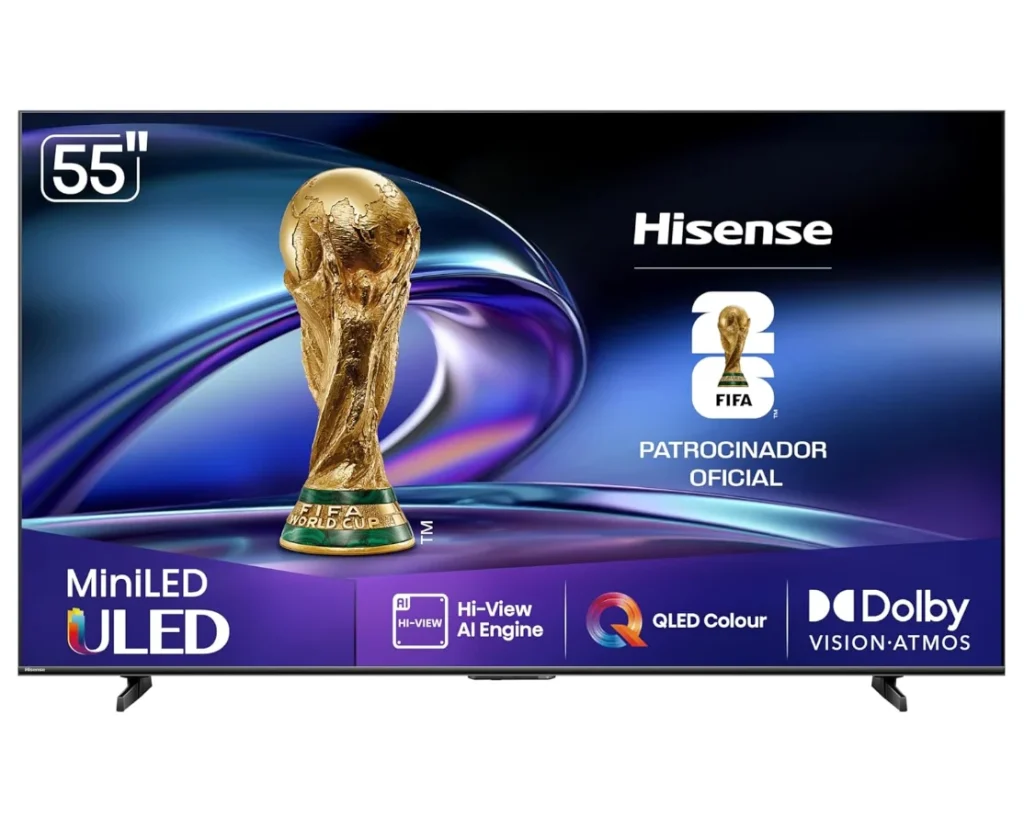 Smart TV 4K 55″ Polegadas U6QV Mini LED Hisense com Dolby Vision, HDR10+, HDR10+ Adaptive, Dolby Vision IQ, Modo FilmMaker, Dolby Atmos, Compatibilidade Alexa, Google Home – 55U6QV
