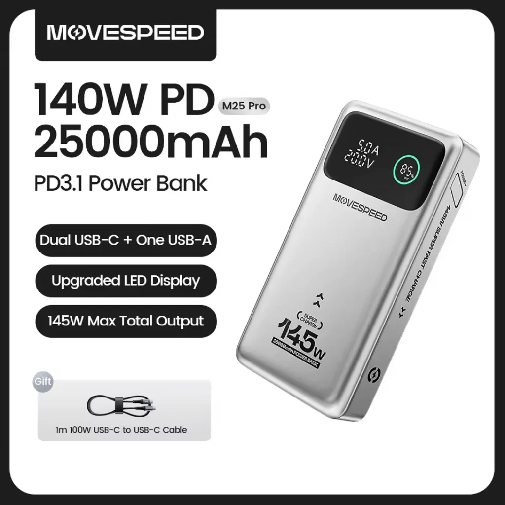 Carregador Portátil Movespeed M25 Pro 140W 25000mAh PD3.1 carga rápida para MacBook Notebook Motorola Samsung