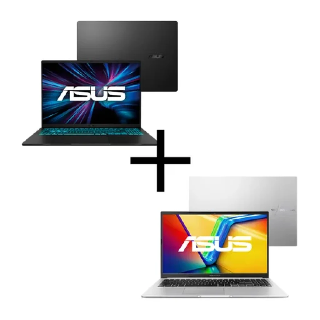 Combo Notebook ASUS V16, Intel Core 5-210H, NVIDIA RTX 4050, 16GB RAM, 512GB SSD, W11, 16″ FHD IPS 144Hz – V3607VU-RP306W + Notebook ASUS Vivobook 15, Ryzen 7 5825U, 8/512GB, 15″ FHD – M1502YA-NJ611