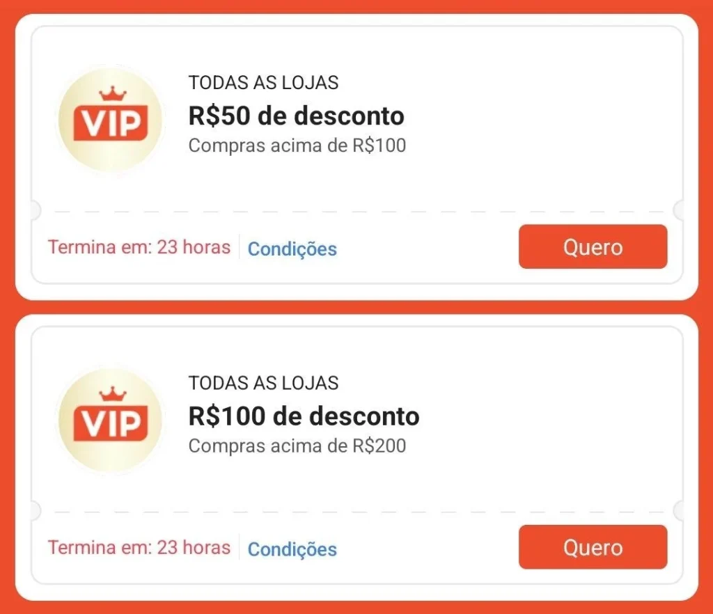 Cupons Shopee VIP R$100 OFF em R$200 e R$50 OFF em R$100