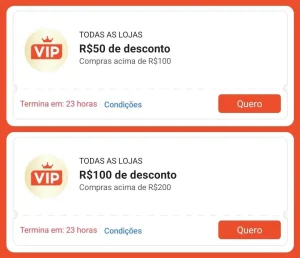 Cupons Shopee VIP R$100 OFF em R$200 e R$50 OFF em R$100