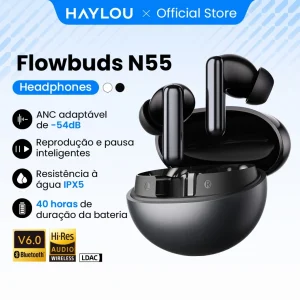 Fones de Ouvido Sem Fio HAYLOU Flowbuds N55 com ANC Adaptativo de 54dB, Bluetooth 6.0, Áudio Hi-Res LDAC, Chamadas HD com 6 Microfones, 40 Horas de Reprodução, IPX5