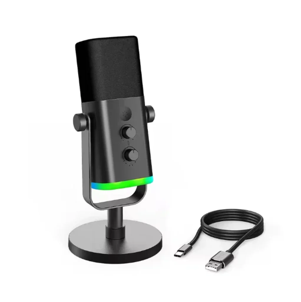 Microfone dinâmico Fifine Ampligame AM8 XLR/USB para gravação podcast, mic streaming para PC, RGB, botão mudo, conector para fones ouvido, suporte de mesa