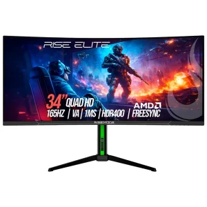 Monitor Gamer Curvo Rise Mode Elite 34″, QHD, 165Hz, 1ms, VA, FreeSync, HDR 400, Preto, DisplayPort e HDMI, sRGB 110%, Ajuste altura – RM-MOG-34C1652K-B