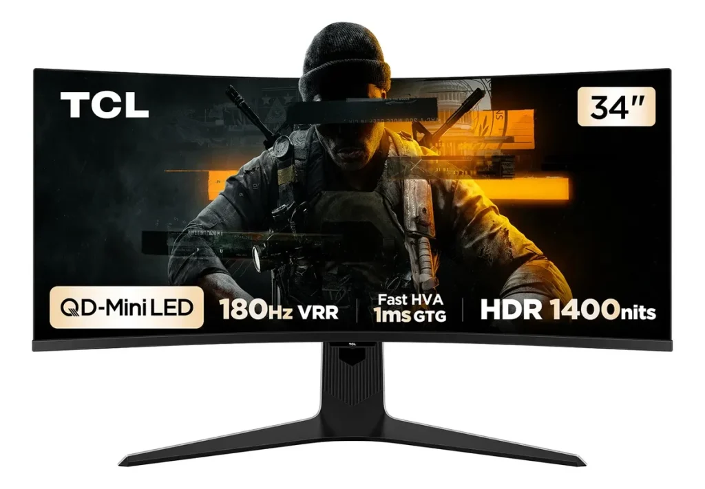Monitor Gamer TCL 34″ WQHD QD-Mini LED Curvo 180Hz 1ms Fast HVA Ultrawide Certificação HDR 1400, Som Duplo 6W – 34R83Q