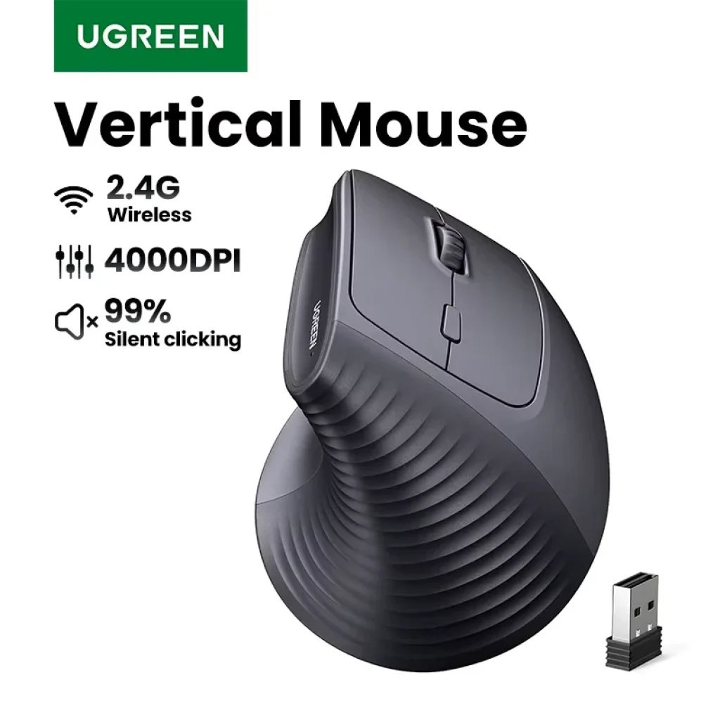 Mouse Vertical UGREEN Sem Fio 2.4G Ergonômico 4.000DPI 6 Botões Silent para MacBook Tablet Laptops Computador PC