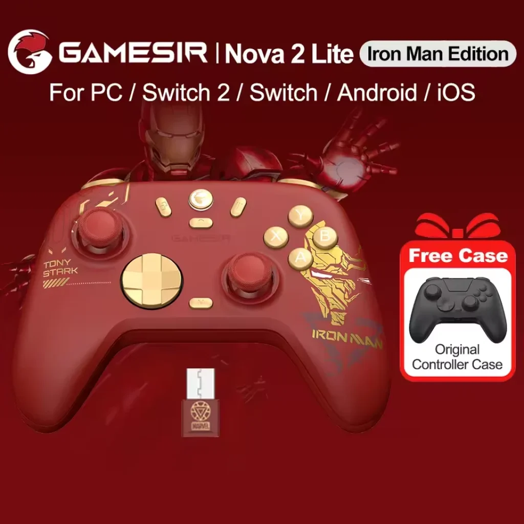 Controle Sem Fio GameSir Nova 2 Lite Iron Man Licenciado, 1000Hz, Analógicos Hall Effect 2 estágios, Tri-Mode USB-C, BT, Low Latency, Multi-plataforma