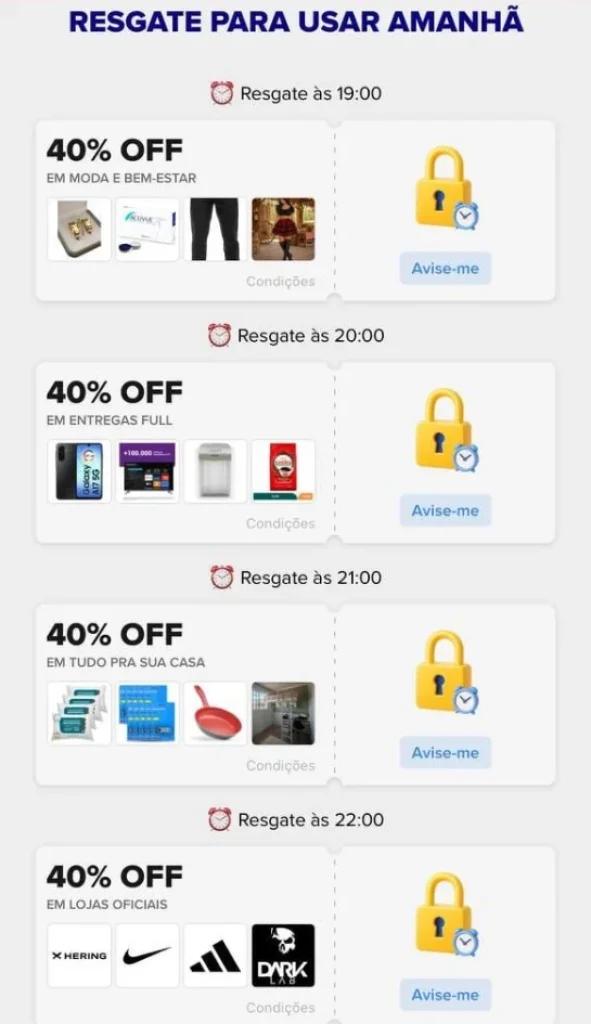 Cupons Mercado Livre 7.7 de 40% OFF – Resgate a cada hora, Categorias Selecionadas – 19h: Moda e bem estar, 20h: Entregas Full, 21h: Casa, 22h: Lojas Oficiais