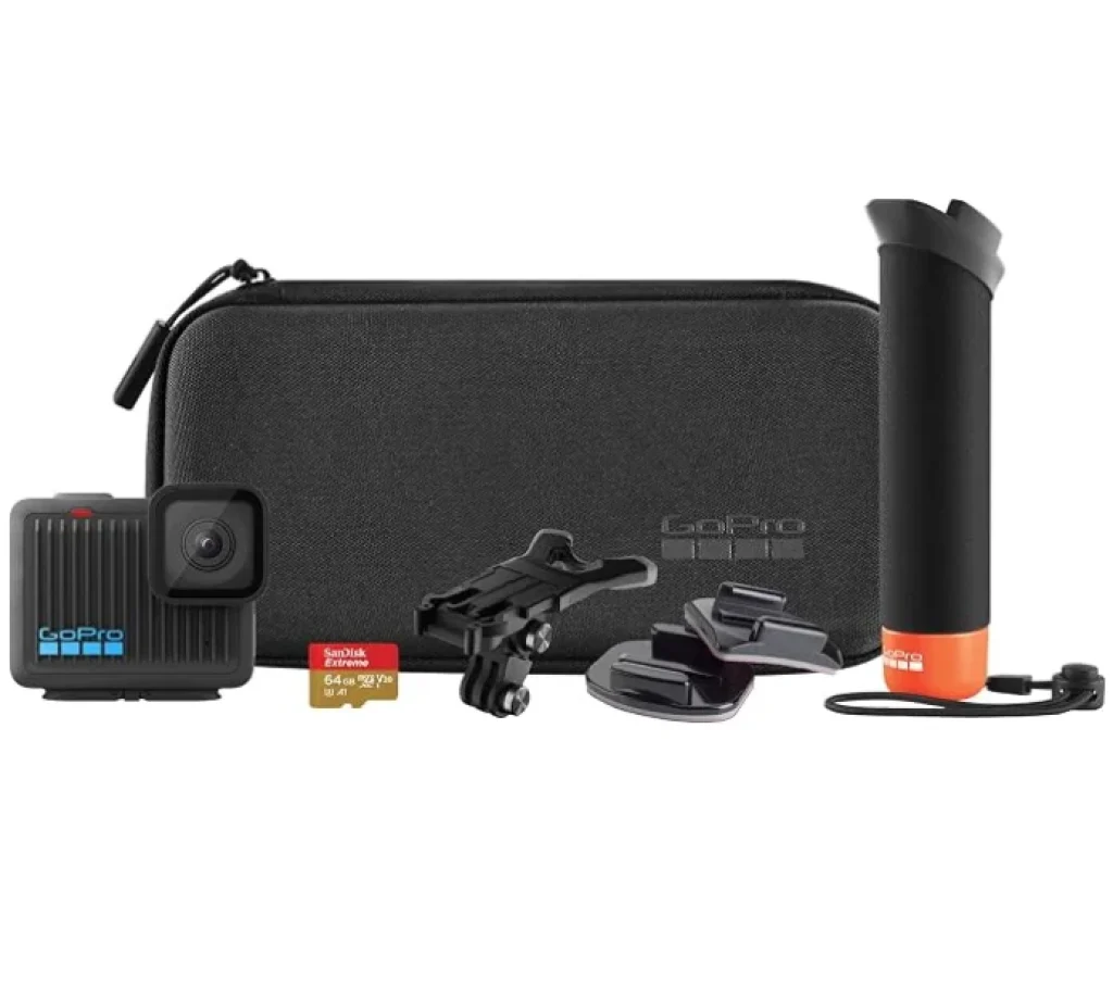 GoPro HERO Bundle – Kit Câmera de Ação Compacta 4K e Acessórios: Alça flutuante The Handler, cartão microSD de 64 GB, estojo de transporte, cabo de carregamento e Suportes