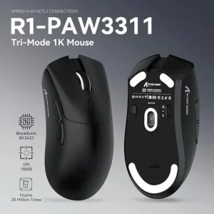 Mouse Gamer sem Fio Attack Shark R1 Ultraleve, Design Ergonômico, Tri-Mode, 18.000 DPI, Sensor Óptico PAW3311, 6 Botões – Preto