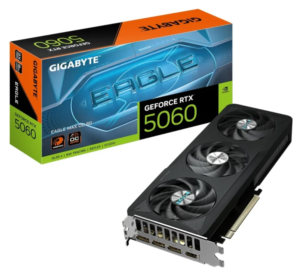 Placa de v;ideo Gigabyte GeForce RTX 5060 Eagle MAX OC 8G – 8 GB GDDR7, 128 bits, PCI-E 5.0, 2550 MHz Core Clock, 3X DisplayPort, 1x HDMI, NVIDIA DLSS 4 – GV-N5060EAGLEMAX OC-8GD