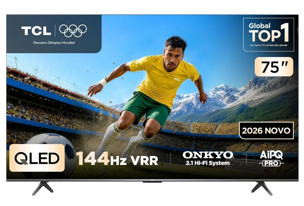 Smart TV TCL Advanced 75″ QD-Mini LED 4K P8L – 144Hz, Slim, Canais grátis, HDR10+ HLG, Dolby Atmos + Vision IQ, Som ONKYO Hi-Fi 2.1 canais com Subwoofer integrado, Google TV e Assistente – 75P8L