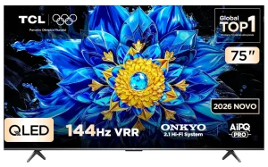 Smart TV TCL Advanced 75″ QD-Mini LED 4K P8L – 144Hz, Slim, Canais grátis, HDR10+ HLG, Dolby Atmos + Vision IQ, Som ONKYO Hi-Fi 2.1 canais com Subwoofer integrado, Google TV e Assistente – 75P8L