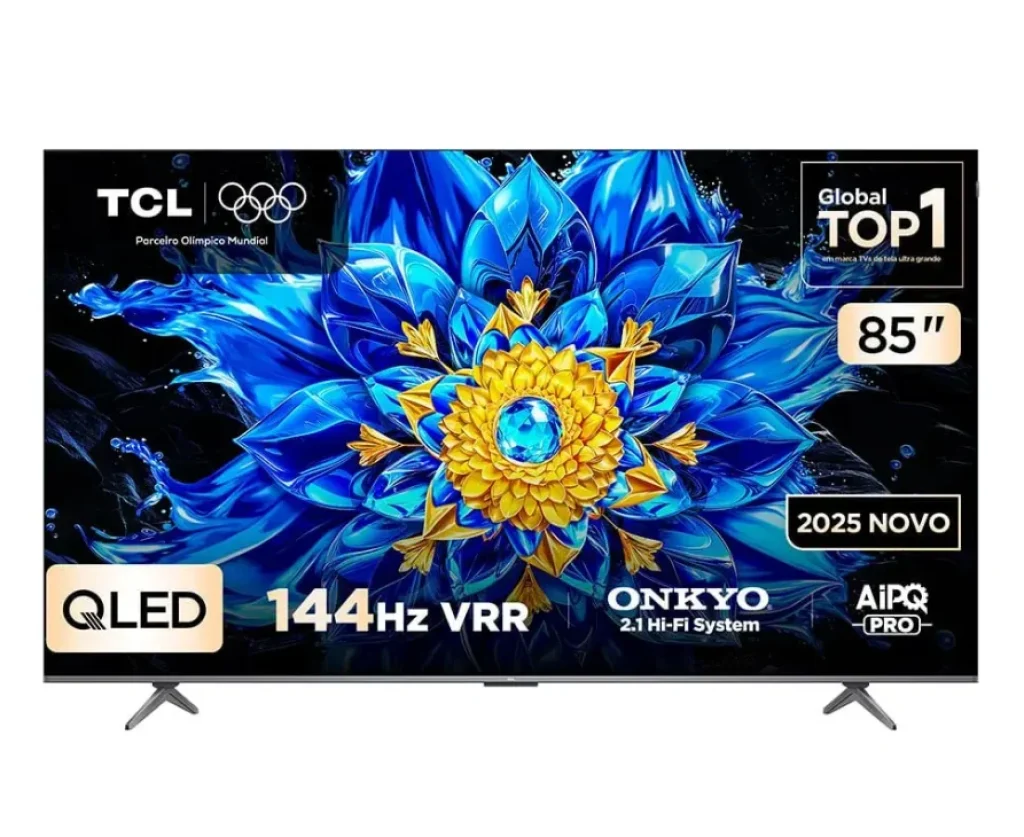 Smart TV TCL Advanced 85″ QD-Mini LED 4K P8L – 144Hz, Slim, Canais grátis, HDR10+ HLG, Dolby Atmos + Vision IQ, Som ONKYO Hi-Fi 2.1 canais com Subwoofer integrado, Google TV e Assistente – 85P8L