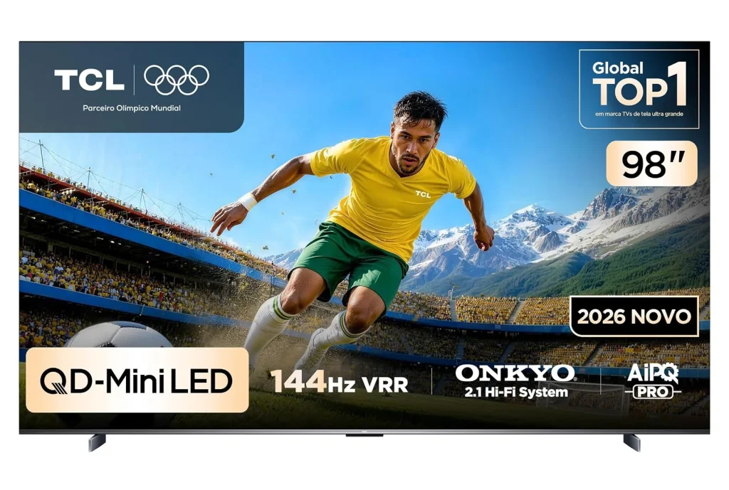Smart TV TCL ADVANCED 98″ 4K UHD QD-Mini LED P8L – Canais grátis, 144Hz HDR10+ HLG Dolby Atmos + Vision IQ, Som ONKYO Hi-Fi 2.1 canais com Subwoofer integrado, Google TV e Assistente – 98P8L