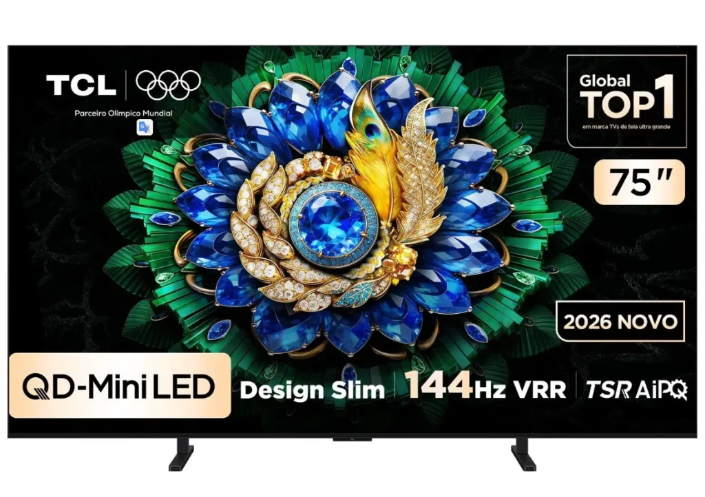Smart TV TCL Premium 75″ 4K QD-Mini LED A400M, 144Hz (288Hz VRR), Google TV, Canais grátis, HDR10+, Processador TSR AIPQ, Som Hi-Fi ONKYO, Dolby Vision e Atmos – 75A400M