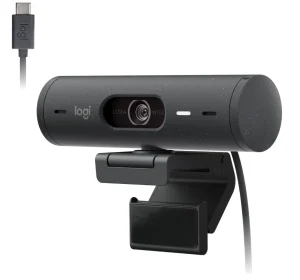 Webcam Full HD Logitech Brio 500 com Microfones Duplos com Redução de Ruídos, Proteção de Privacidade, Correção de Luz e Enquadramento Automático – Grafite