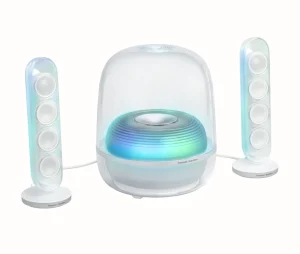 Caixa de Som Harman Kardon SoundSticks 5, Design Icônico e Transparente, Luzes Que Acompanham a Música Auracast, 2.1 canais, 190 W RMS, Subwoofer 5,25”, Bluetooth 5.4, HDMI ARC, Branca – HKSOUNDSTK5WBR