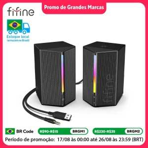 Caixas de som FIFINE A20 RGB 5W Stereo – Alto-falantes com conector de 3,5 mm e alimentados por USB para Laptop, PC, Monitor, Telefone, Tablet, Preta