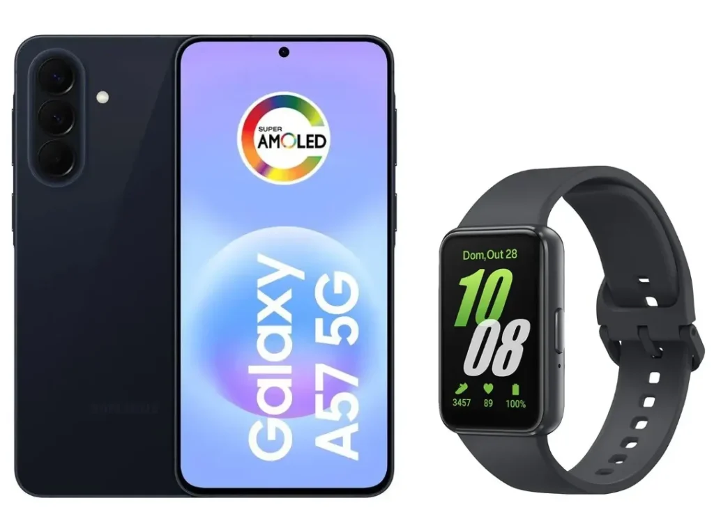 Combo Smartphone Samsung Galaxy A57 5G 128GB, 8GB RAM, Câmera 50MP, IP68, Super AMOLED 6.7”, Recursos AI + Smartband Samsung Galaxy Fit3 Grafite